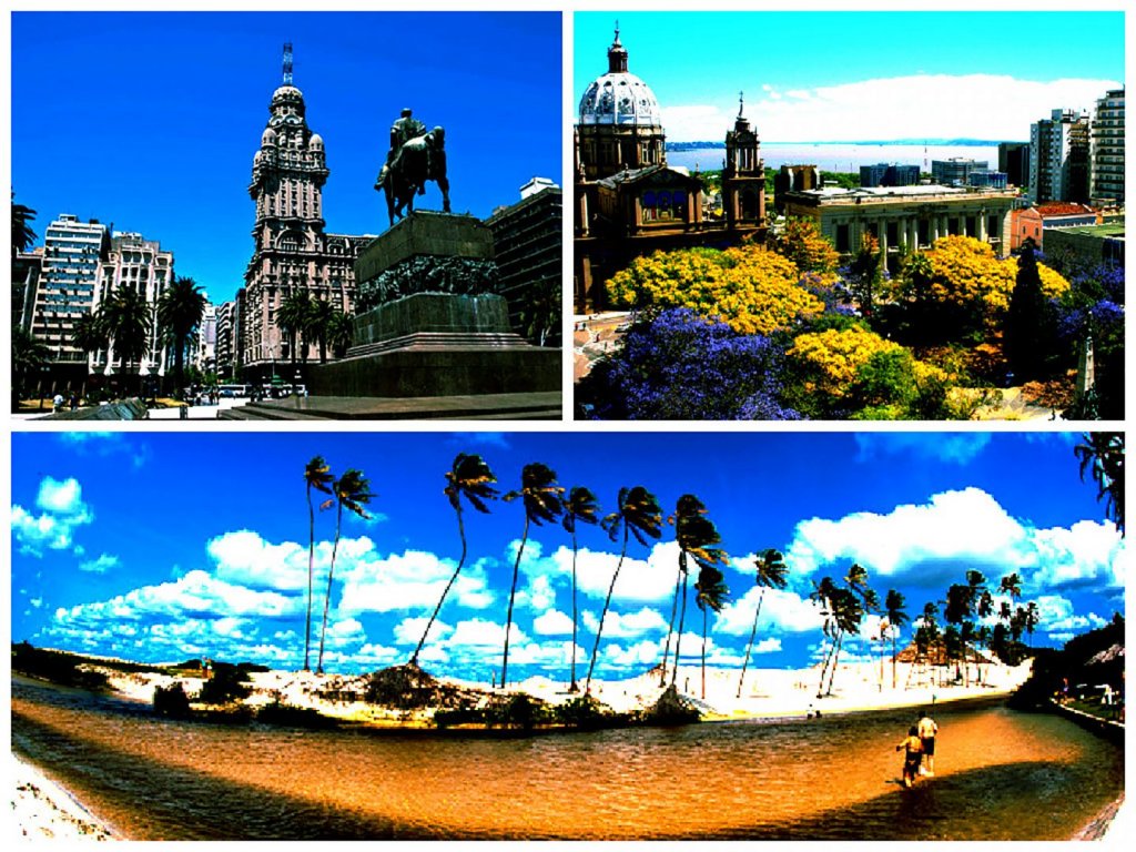 Mosaico com pontos turísticos de Natal, Montevidéu e Porto Alegre