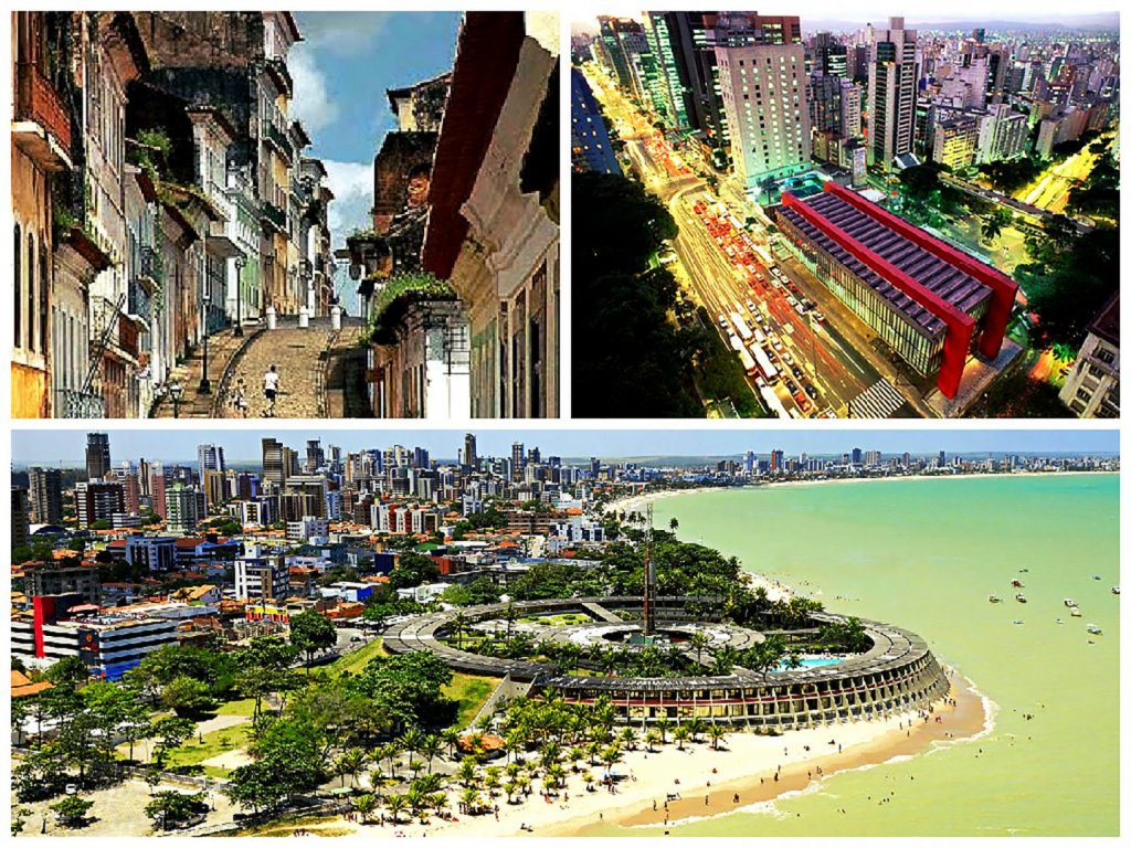 Mosaico com pontos turísticos de São Paulo, São Luís e João Pessoa