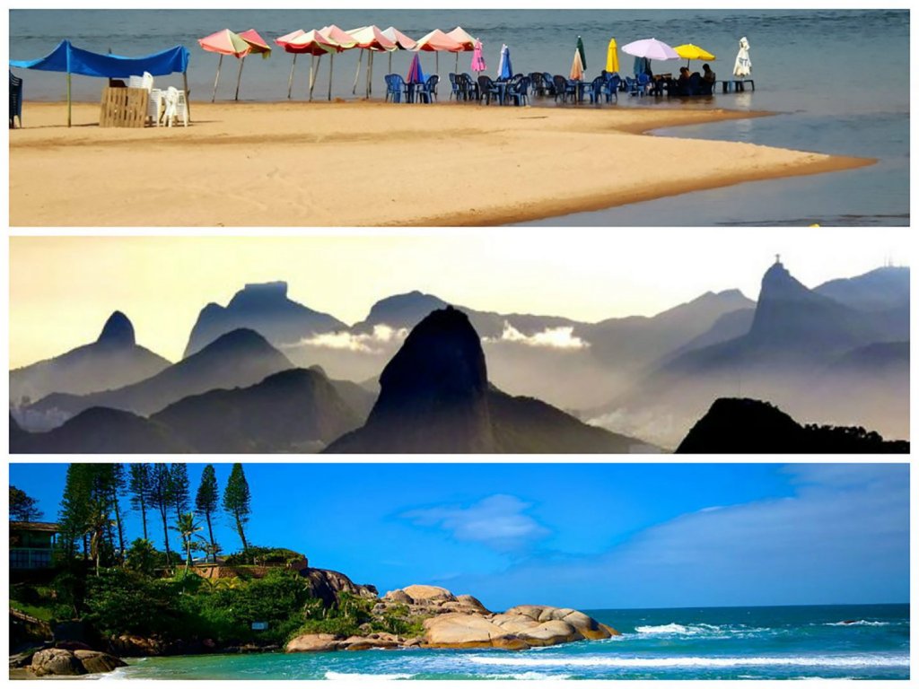Mosaico com pontos turísticos do Rio de Janeiro, Florianópolis e Imperatriz