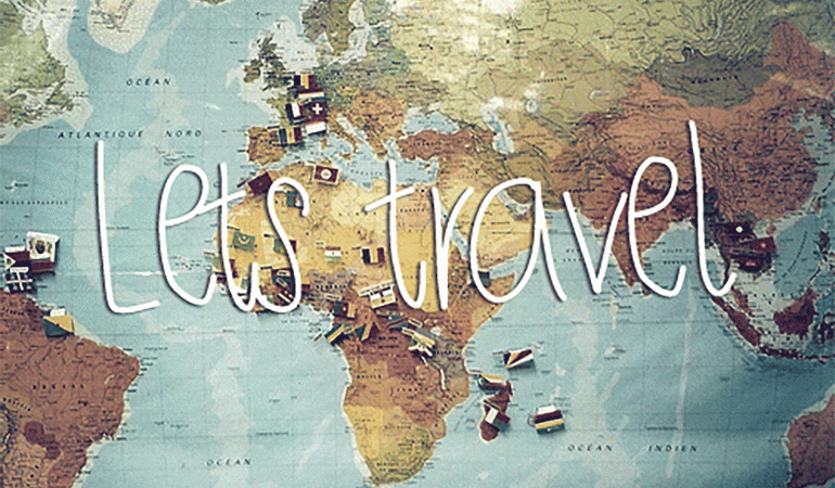 Gif ''Lets Travel'' em mapa do mundo