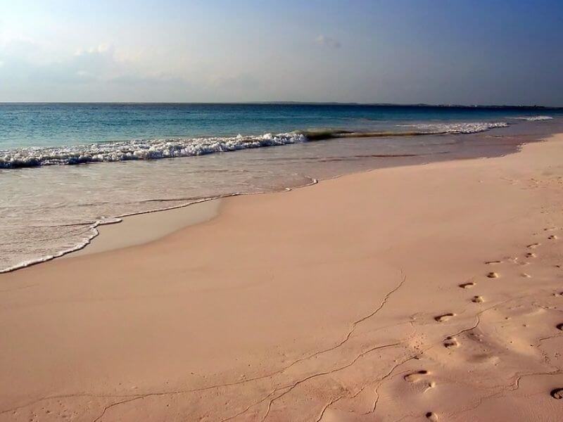 vista da areia e praia de Pink Sands Beach nos Bahamas